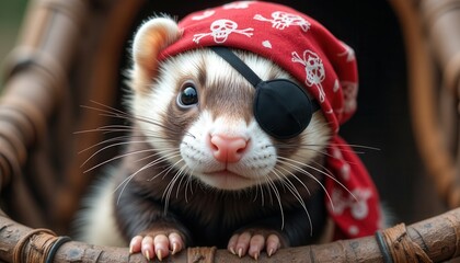 Ferret dressed as pirate with eye patch bandana