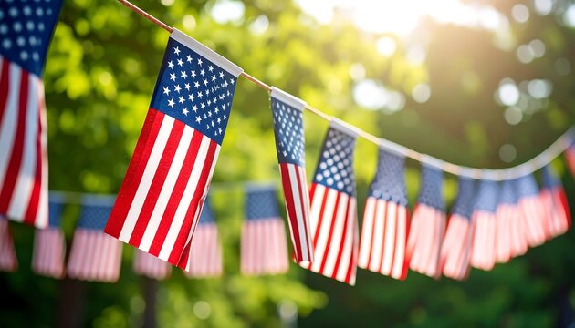 Small American flags strung outdoors