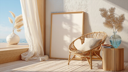 Obraz premium Coastal Minimalist Interior with Blank White Canvas, Rattan Peacock Chair, Sea Glass Vase, and Billowing Curtains in Soft Morning Light for a Refreshing Beachside Aesthetic