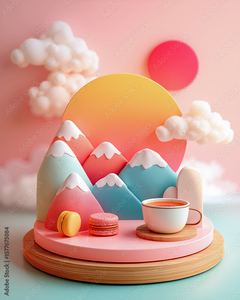 Aufkleber minimalist empty product display with pink circular podium and abstract turquoise mountains in paste