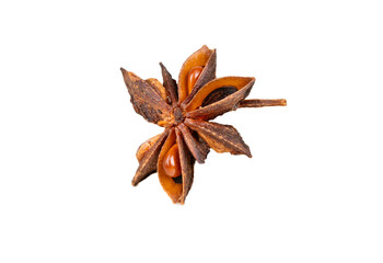 Macro photo of a star anise pod on a white background, highlighting its unique shape and texture.