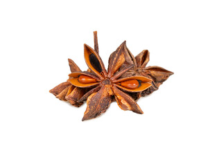 Detailed macro image of a star anise pod with sharp focus on its glossy seeds and textured arms,...