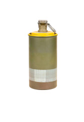 High-resolution image of a smoke grenade canister isolated on a white background. The grenade features a cylindrical metal body with a safety pin and lever on top, designed to emit dense smoke for sig