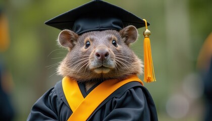 Capybara in graduation cap gown on campus