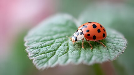 Fototapeta premium Close-Up of a Vibrant Ladybug Sitting on a Green Leaf with Soft Background Blur Effects