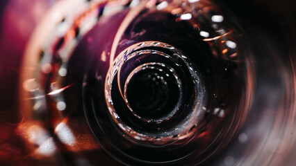 An old twisted color film lies on a dark background, symbolizing memories on the film. The film...