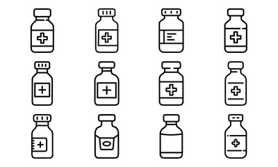 Illustrated collection of medicine bottles with medical crosses representing healthcare supplies