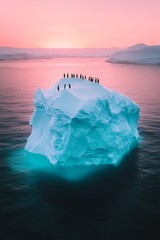 A group of penguins on an iceberg floating in the ocean, with a pink sunset in the background.
