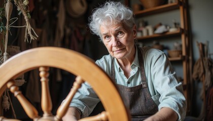 Elderly woman spinning wool in rustic workshop