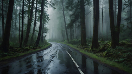 Naklejka premium Misty forest road in the rain, with raindrops on leaves, puddles on the road, and low-hanging fog blending with tree trunks. Natural light, cinematic feel, moody tones. No man-made objects. 