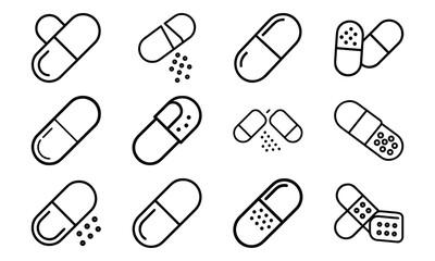 Vector illustrations of various detailed capsule pill medications in black outline style