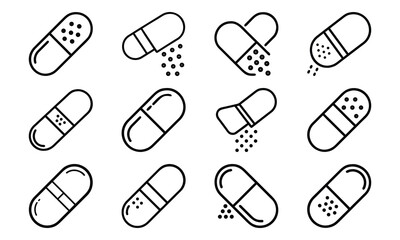 Black and white outline of various capsule medications representing pills and medicine concepts.