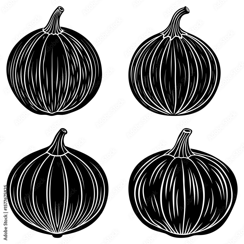 Poster four stylized black and white onions arranged in a square pattern on a white background design eleme