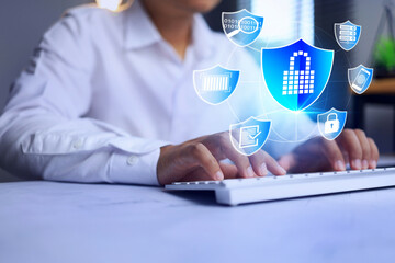 cyber security concept with user working on computer and virtual safety lock icon represent to need...