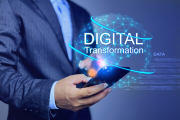 Digital transformation concept with businessman using technology to change business and delivers...