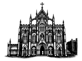 Fototapeta premium Gothic cathedral facade in detailed woodcut style, black and white