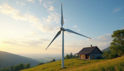 Wind turbine scenic rural house at sunrise
