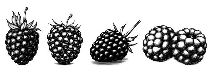 Blackberry illustrations in detailed engraved style in monochrome