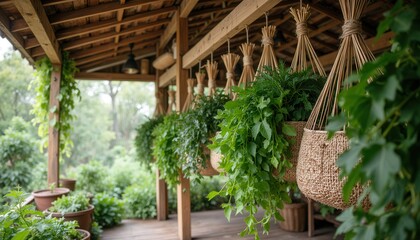 Lush greenery on rustic wooden veranda