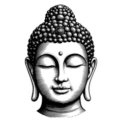 Buddha in a woodcut style, black and white illustration