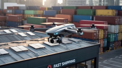 A drone hovers over a shipping facility, with colorful containers stacked in the background, showcasing modern logistics and aerial technology.