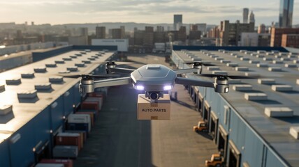 A drone delivers a package over a large industrial area with shipping containers and warehouses under a cloudy sky.