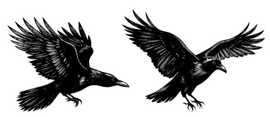 Obraz premium Flying ravens in an engraved style, black and white