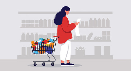 A woman checks her shopping list while walking with a full grocery cart in a supermarket aisle, surrounded by shelves stocked with various products © arfanah02
