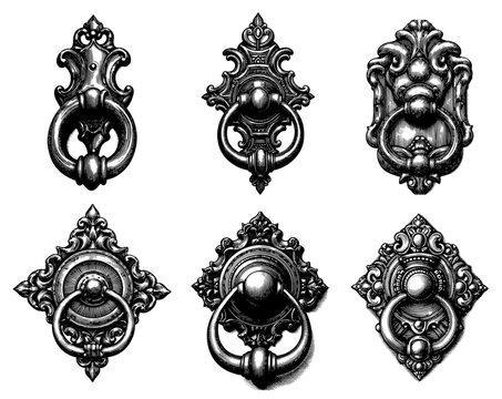 Ornate door knockers in rococo style, black and white