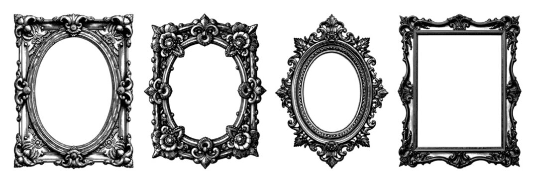 Ornate picture frames in a detailed black and white baroque style, for elegant decoration