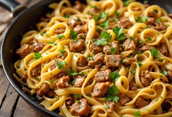 Gourmet pasta dish with savory beef stew, garnished with herbs.