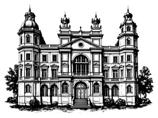 Grand neoclassical mansion in an engraving style, black and white, representing luxury and formal architecture
