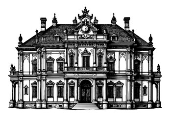 Ornate Baroque palace in an engraving style, black and white