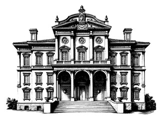 Grand classical building in an engraving style, black and white, representing government, history, and architecture