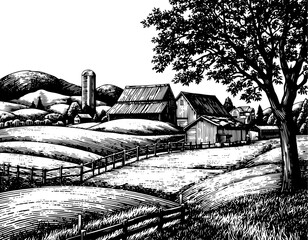 Farmstead in a woodblock print style, black and white
