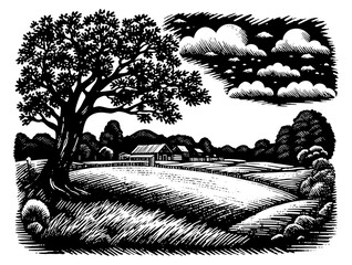 Pastoral farm landscape in a woodblock print style, black and white