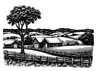 Pastoral farm scene in a woodblock print style, black and white