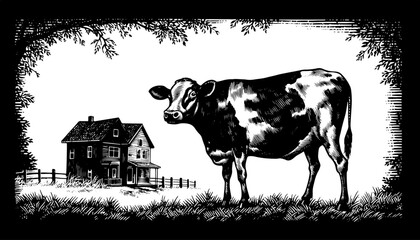 Cow in standing before a farmhouse, representing agriculture and rural life, framed by branches