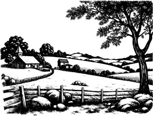 Pastoral farm scene in a woodcut style, black and white