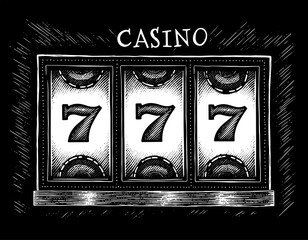 Casino slot machine in a woodcut style, black and white, for gaming concepts