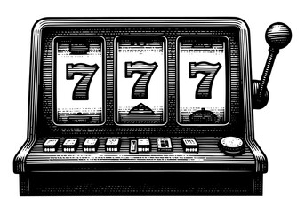 Slot machine jackpot in a detailed woodcut style, black and white, for concepts of luck and gambling