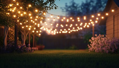 Naklejka premium Glowing String Lights Illuminate A Yard During Twilight, Creating A Magical Atmosphere Perfect For Relaxing Outdoors After Dark.
