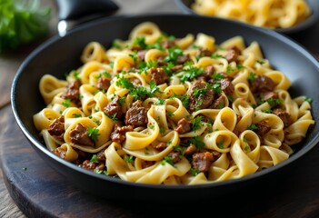 Gourmet pasta dish with savory beef stew, garnished with herbs.