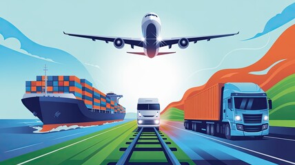 Transport modes converge in a vibrant landscape, showcasing an airplane, cargo ship, and truck amidst colorful hills and waterways.