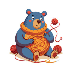 Cute bear tangled in colorful yarn balls, pretending to knit, adorable animal hobby illustration, playful knitting scene, cozy craft vector design on white background