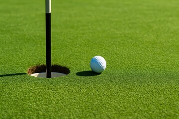 Golf Ball Near Hole on Putting Green with Flagstick and Midday Light
