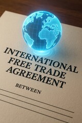 free trade agreement concept. International trade agreement with a glowing globe above the document.