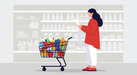 A woman checks her shopping list while walking with a full grocery cart in a supermarket aisle, surrounded by shelves stocked with various products © arfanah02