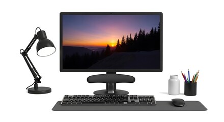 Desktop Computer Setup with Landscape Wallpaper and Desk Lamp