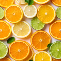 Obraz premium Fresh citrus fruits arranged on a white backdrop showcase a vibrant assortment of orange, lemon, and lime slices with bright colors.